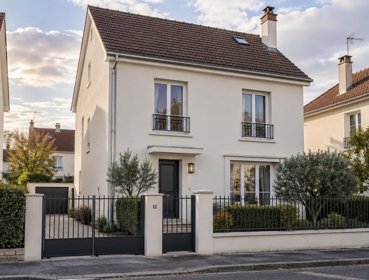 Maison francilienne avec façade fraîchement peinte et toiture en tuiles plates bien entretenue