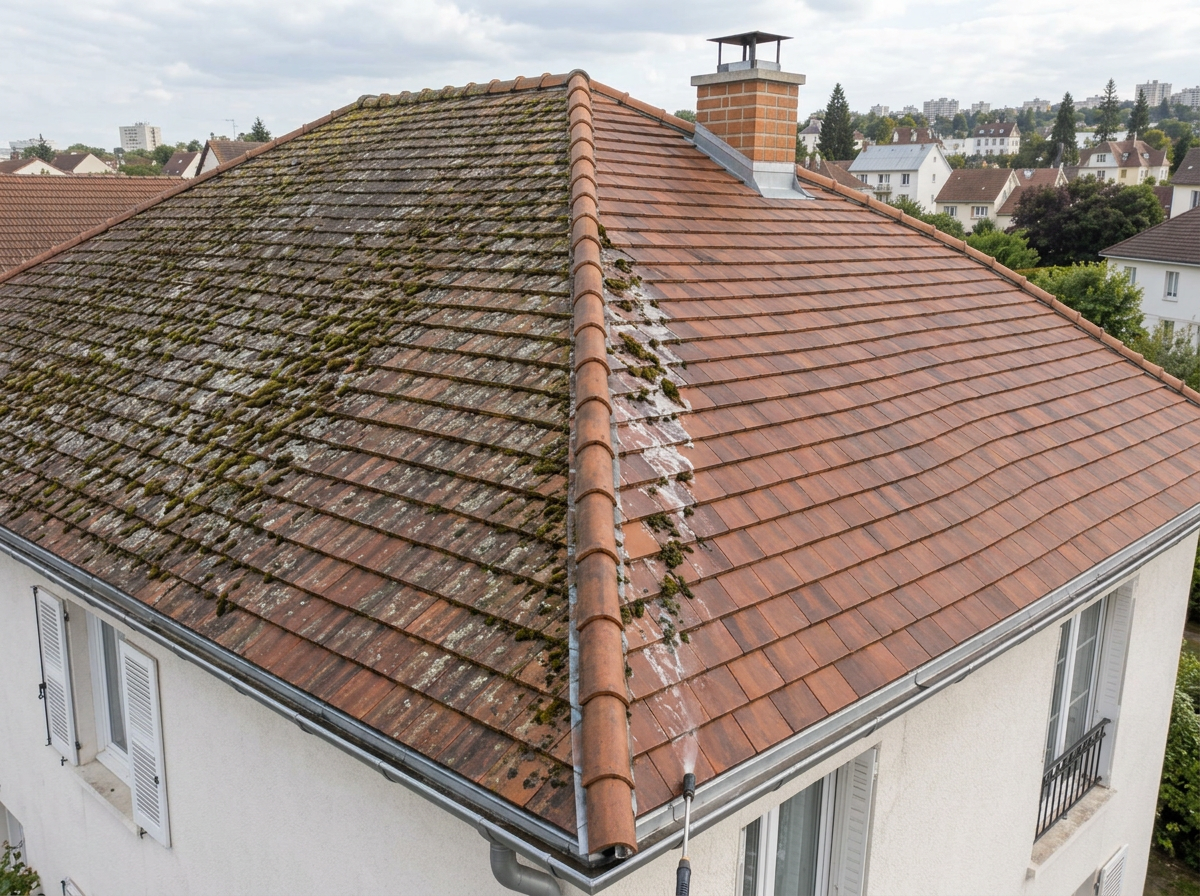 Démoussage en cours sur une toiture à Créteil avec comparaison avant et après nettoyage