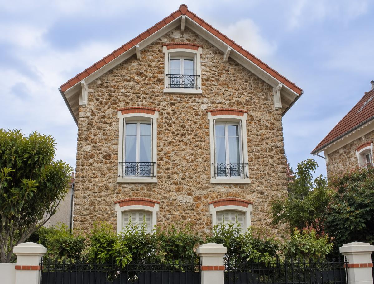 Pignon en meulière d'une maison francilienne après nettoyage de façade