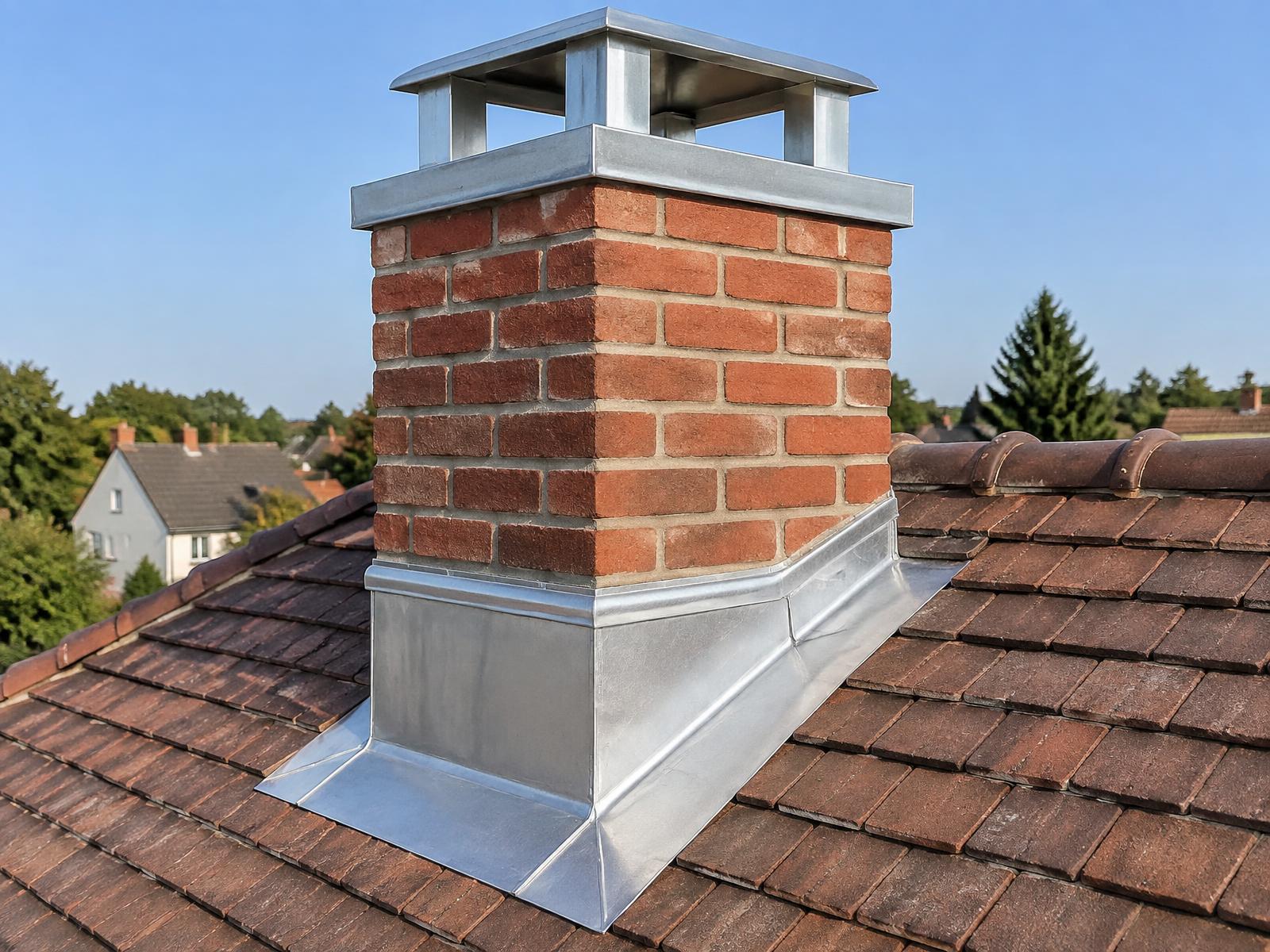 Souche de cheminée en brique avec habillage zinc neuf sur une toiture en tuiles plates
